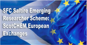 Scottish flag of white cross on blue background, merged with the European flag of yellow stars on a blue background. Symbolising collaboration between Scotland and Europe. Words overlain: “SFC Saltire Emerging Researcher Scheme: ScotCHEM European Exchanges”